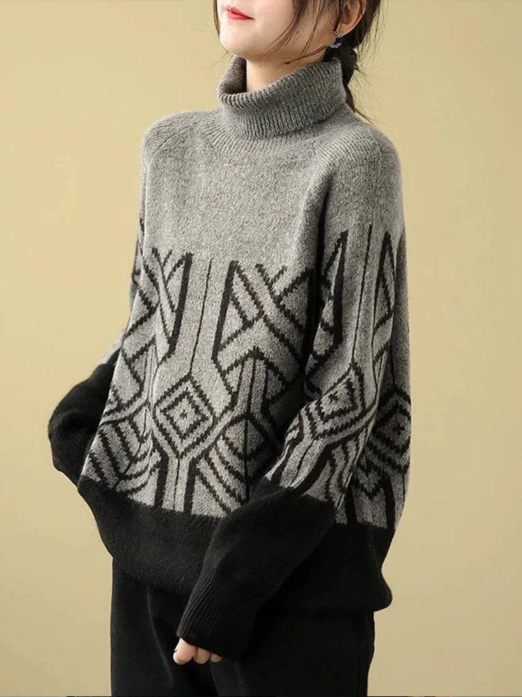 Geometric Patterned Turtleneck Sweater for Women - View 3