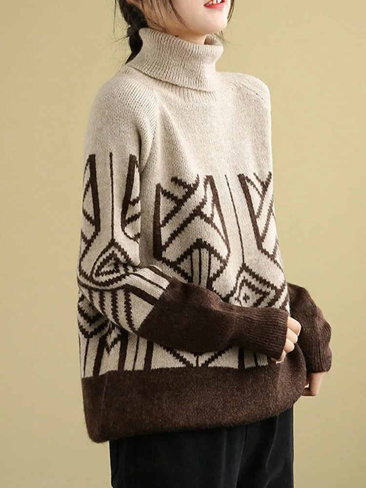 Geometric Patterned Turtleneck Sweater for Women - Weiß