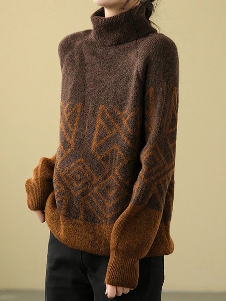 Geometric Patterned Turtleneck Sweater for Women - Braun