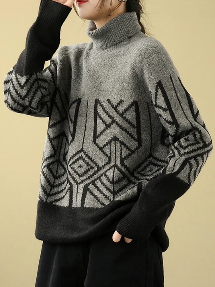 Geometric Patterned Turtleneck Sweater for Women - Schwarz