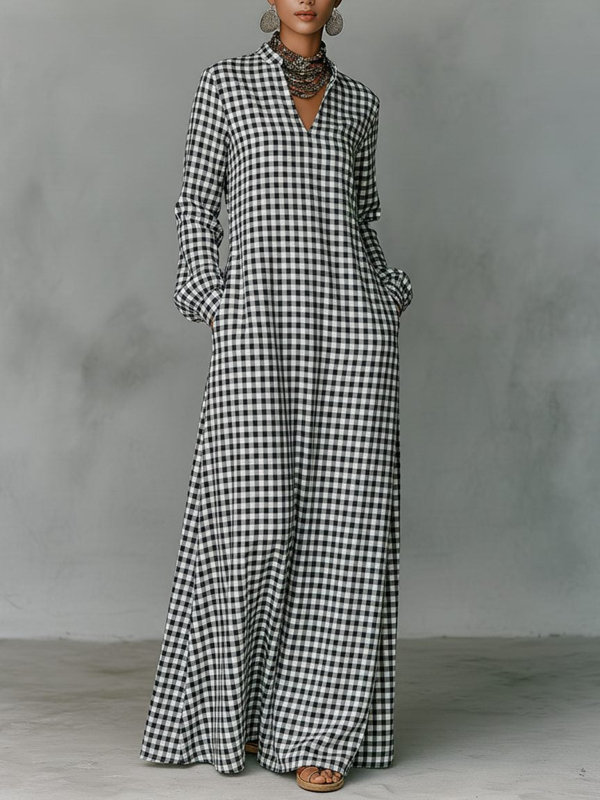 Gingham V-Neck Long-Sleeve Maxi Dress for Women