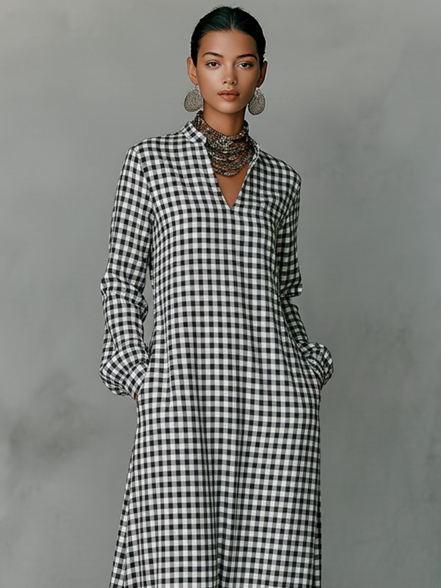 Gingham V-Neck Long-Sleeve Maxi Dress for Women - View 2