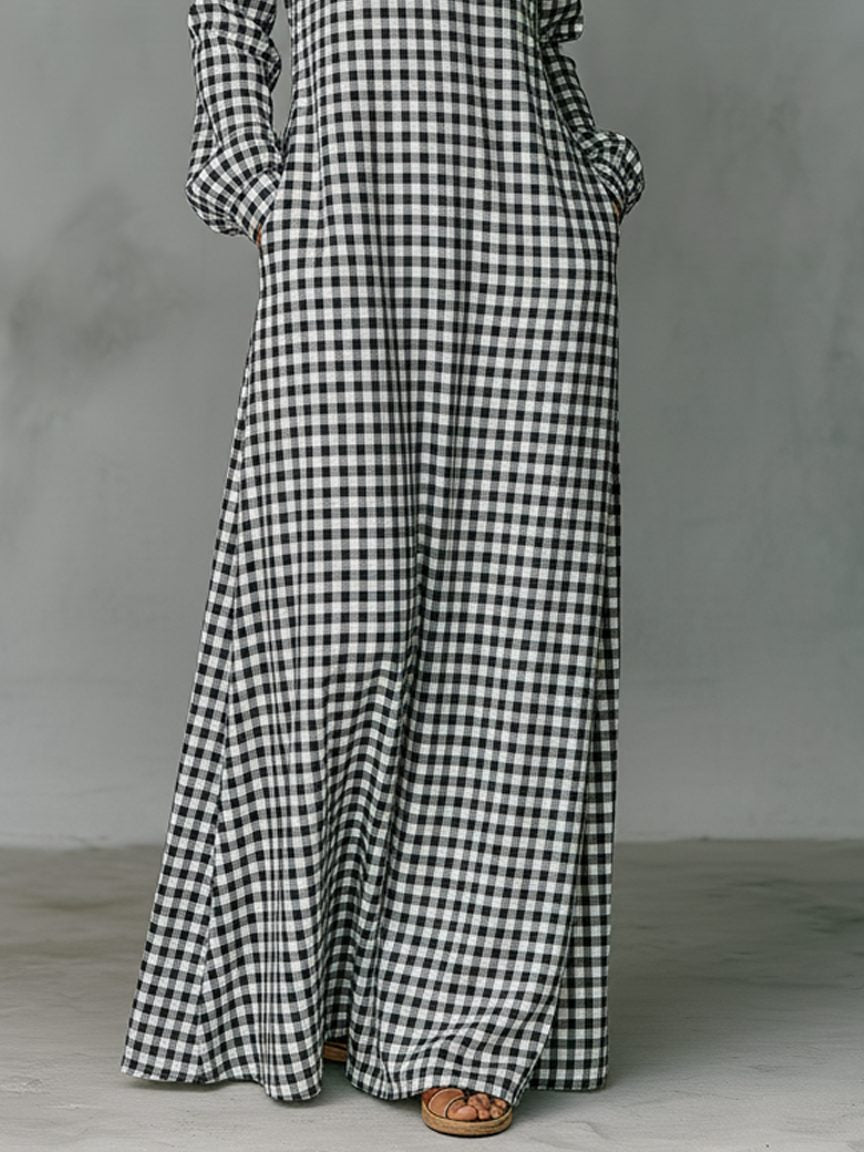 Gingham V-Neck Long-Sleeve Maxi Dress for Women - View 3
