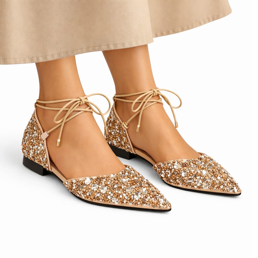 Glitter Pointed Toe Lace-Up Ballet Flats for Women