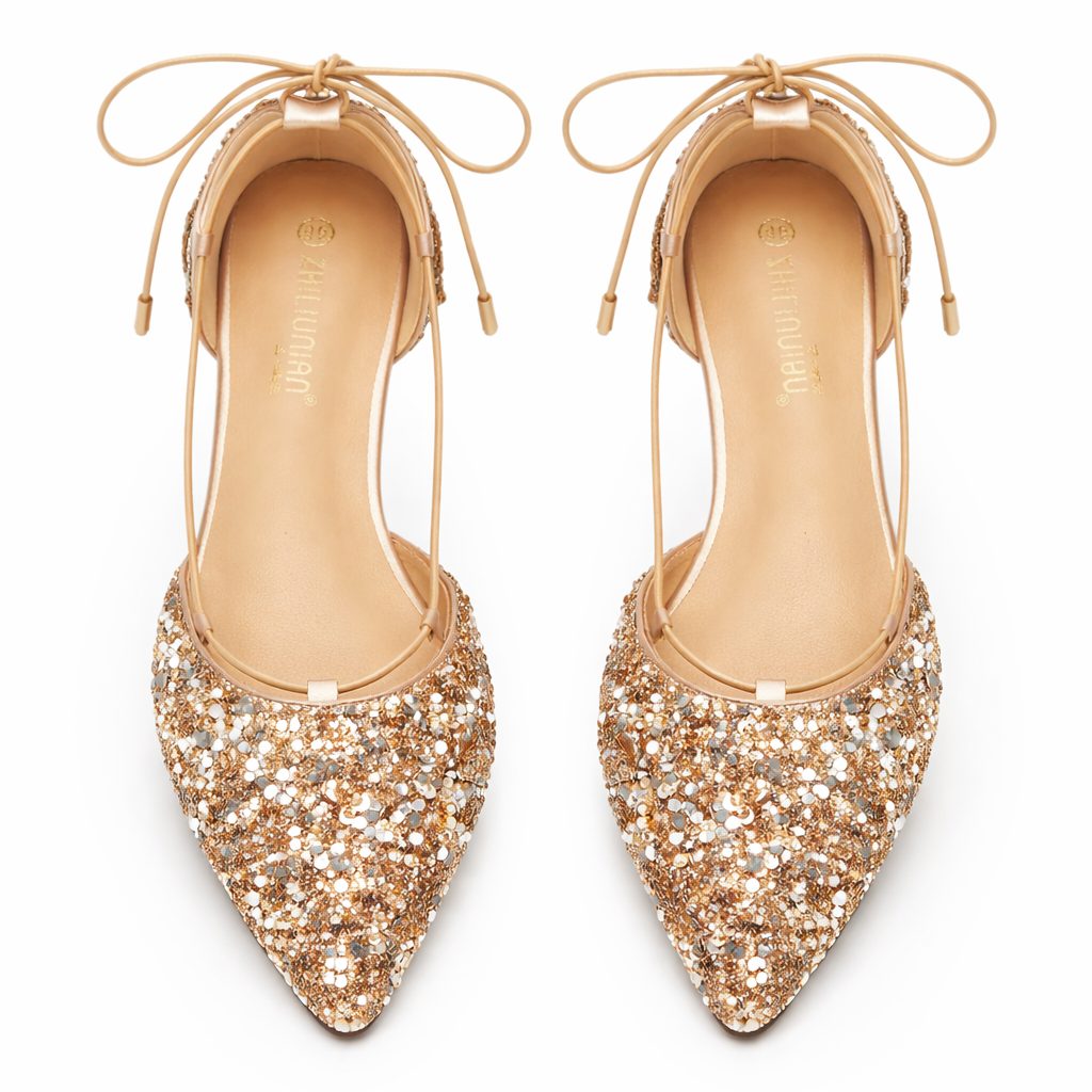 Glitter Pointed Toe Lace-Up Ballet Flats for Women