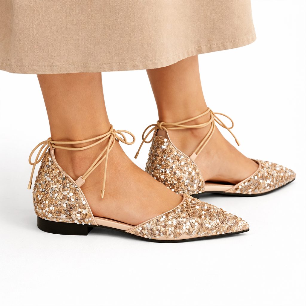 Glitter Pointed Toe Lace-Up Ballet Flats for Women - 3