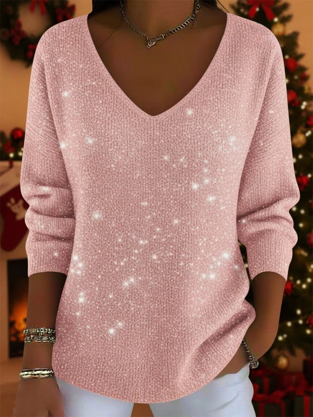 Glitter V-Neck Sweater for Women - Pink