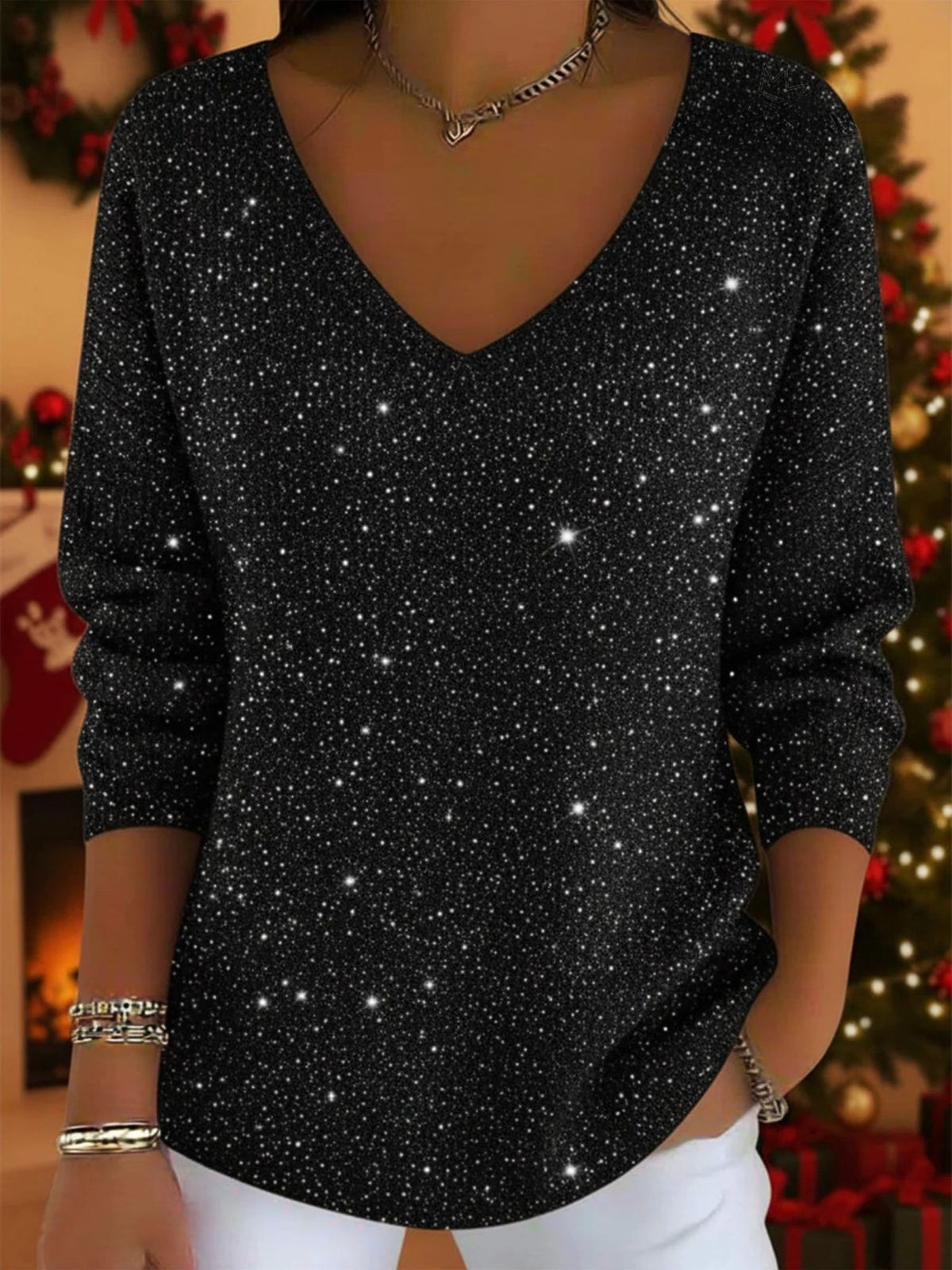Glitter V-Neck Sweater for Women - Black