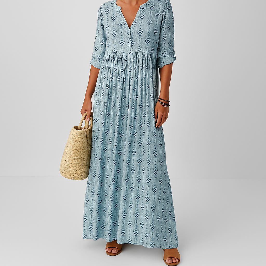 Maxi V-Neck Button-Down Boho Print Dress for Women