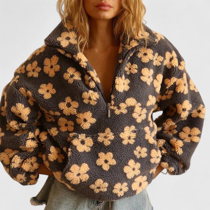 Half-Zip Floral Fleece Pullover for Women