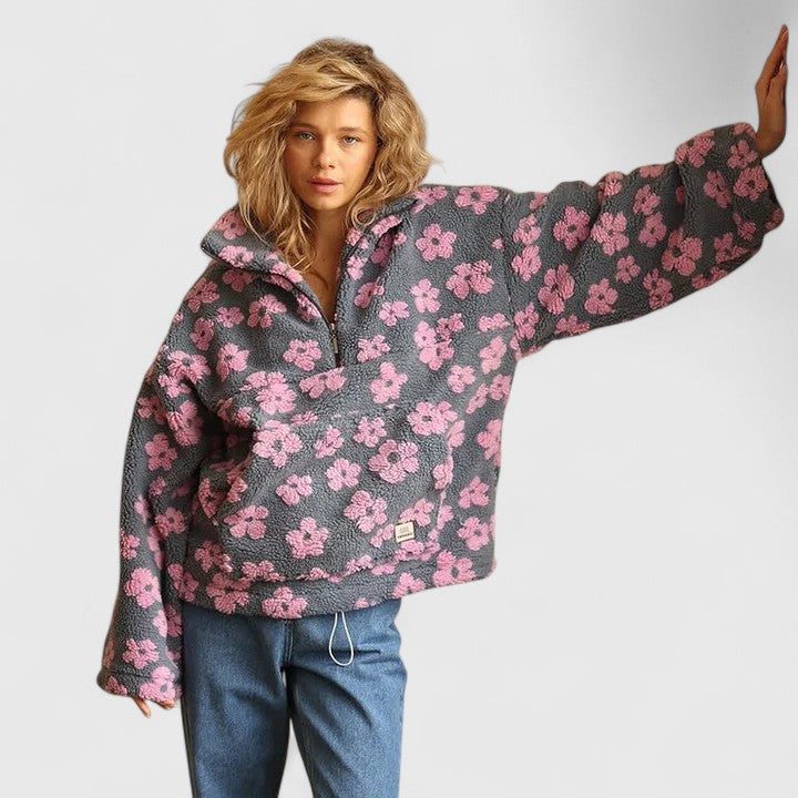Half-Zip Floral Fleece Pullover for Women - Pink