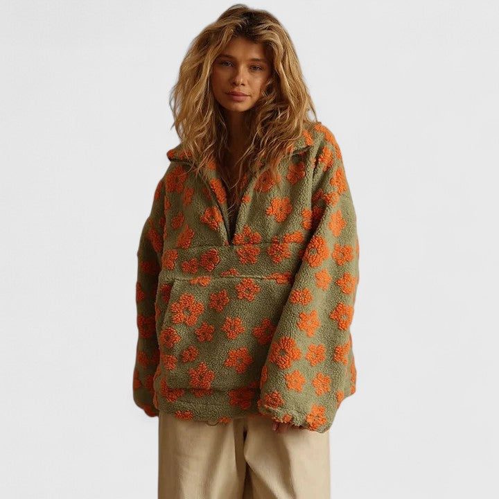 Half-Zip Floral Fleece Pullover for Women - Orange