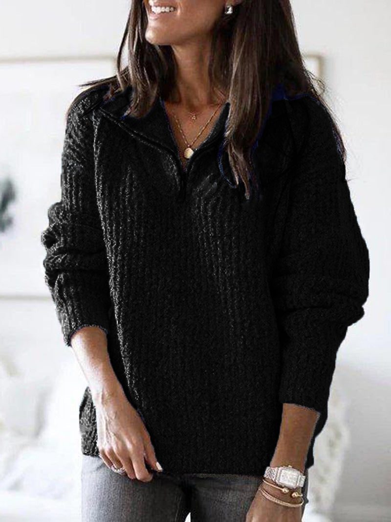 Half-Zip Textured Stand Collar Jumper for Women - Black