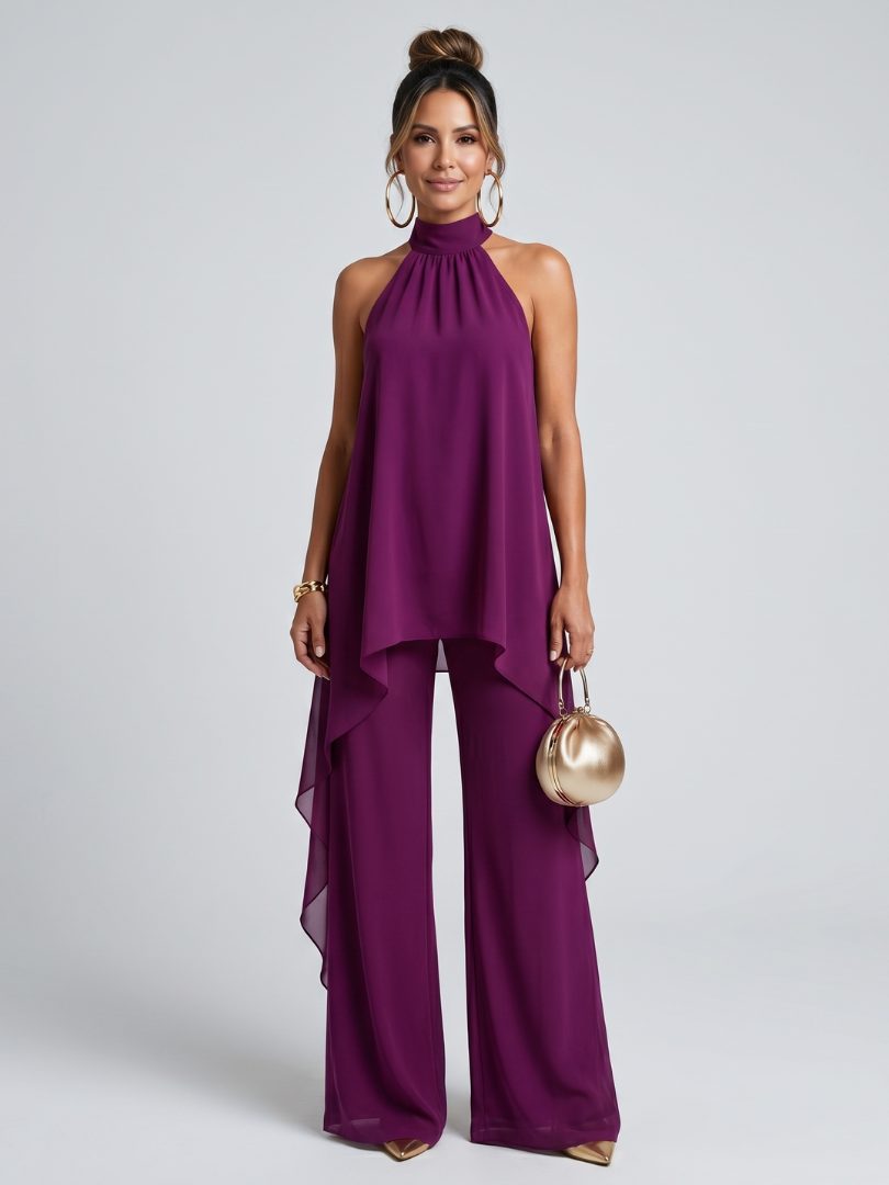 Halter Neck Asymmetric Tunic Wide Leg Pants Set for Women