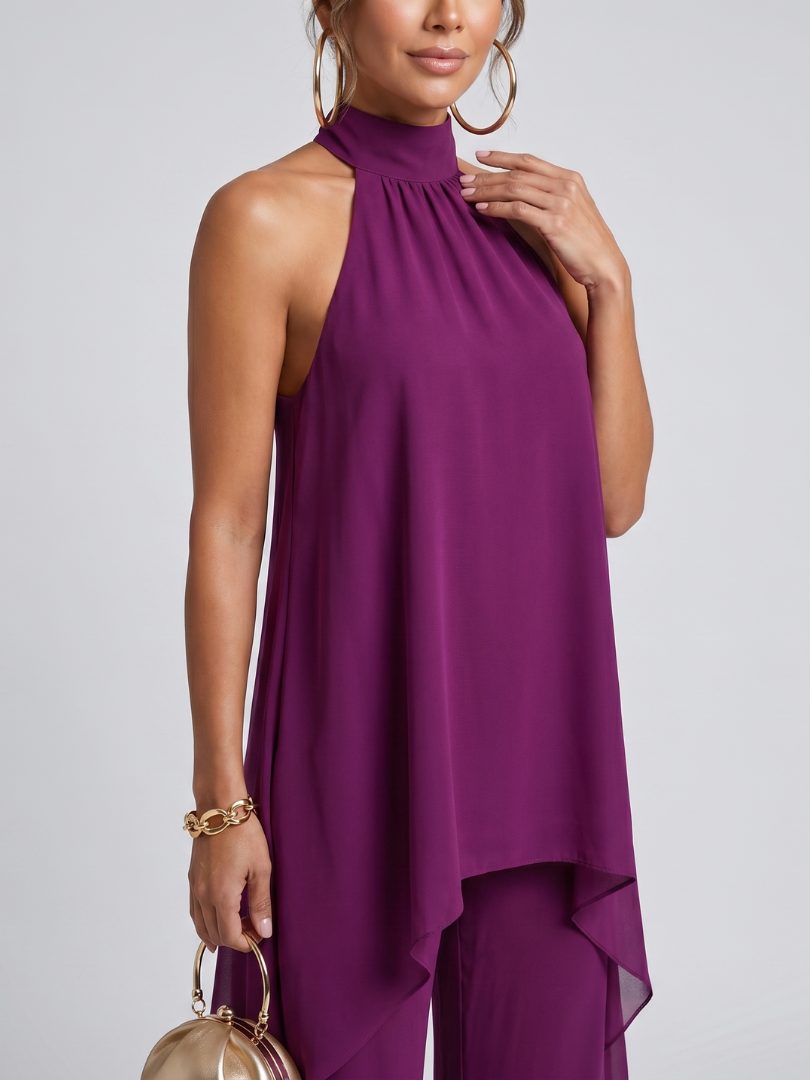 Halter Neck Asymmetric Tunic Wide Leg Pants Set for Women