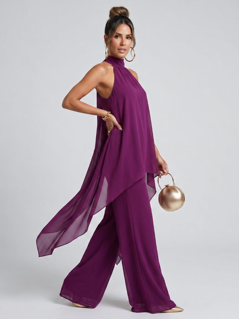 Halter Neck Asymmetric Tunic Wide Leg Pants Set for Women - View 3