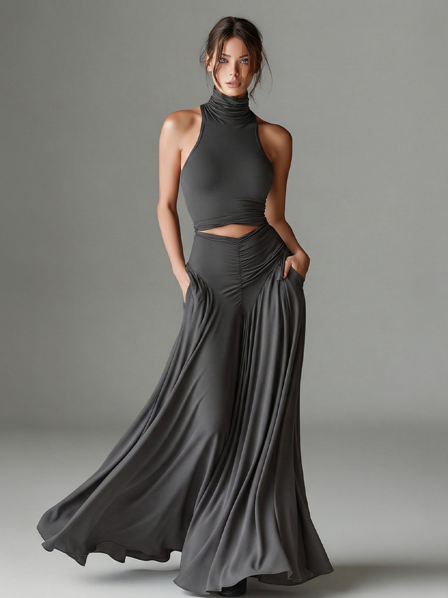 Halter Neck Maxi Dress with Cutout Waist for Women