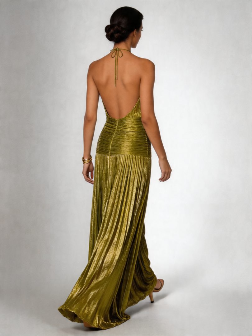 Halter Neck Pleated High Slit Maxi Dress for Women - View 10