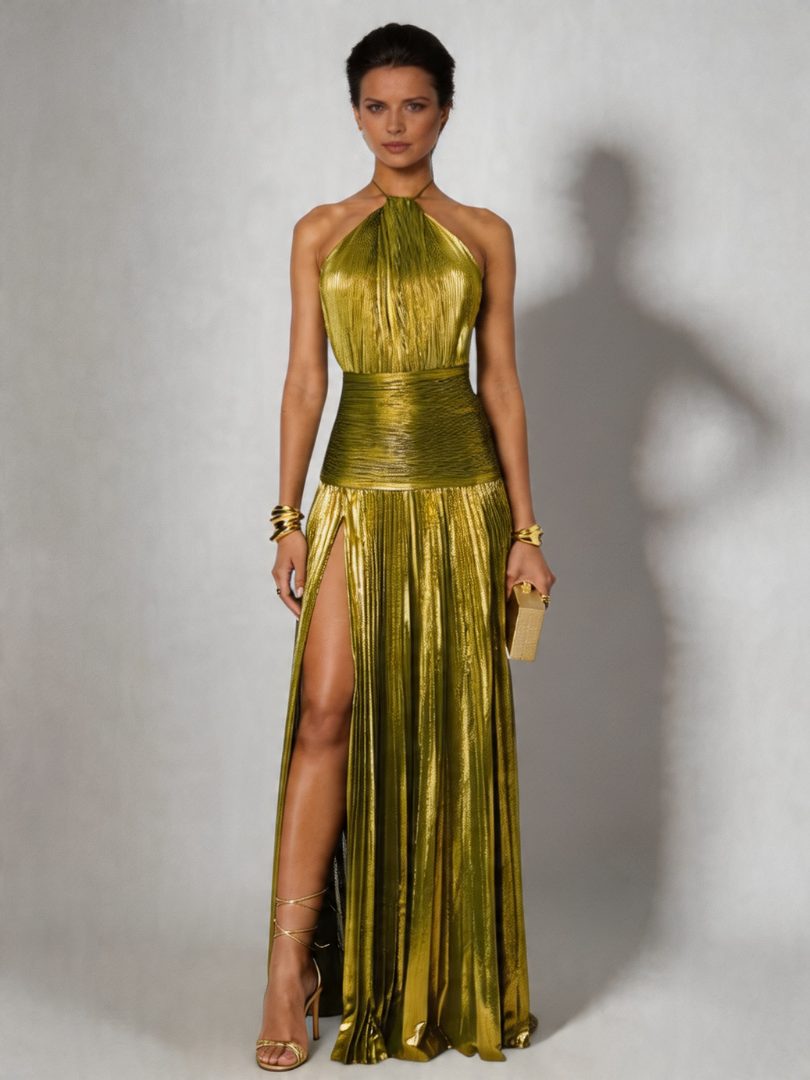 Halter Neck Pleated High Slit Maxi Dress for Women - Green