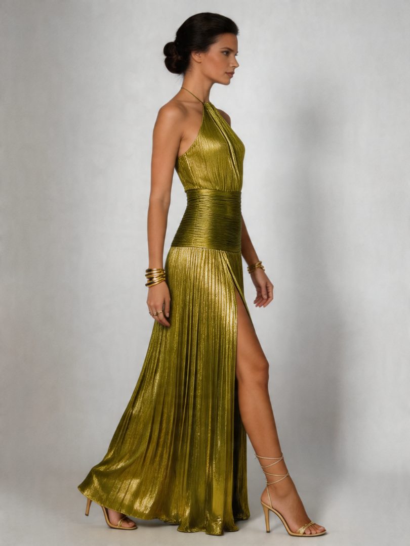 Halter Neck Pleated High Slit Maxi Dress for Women - View 8