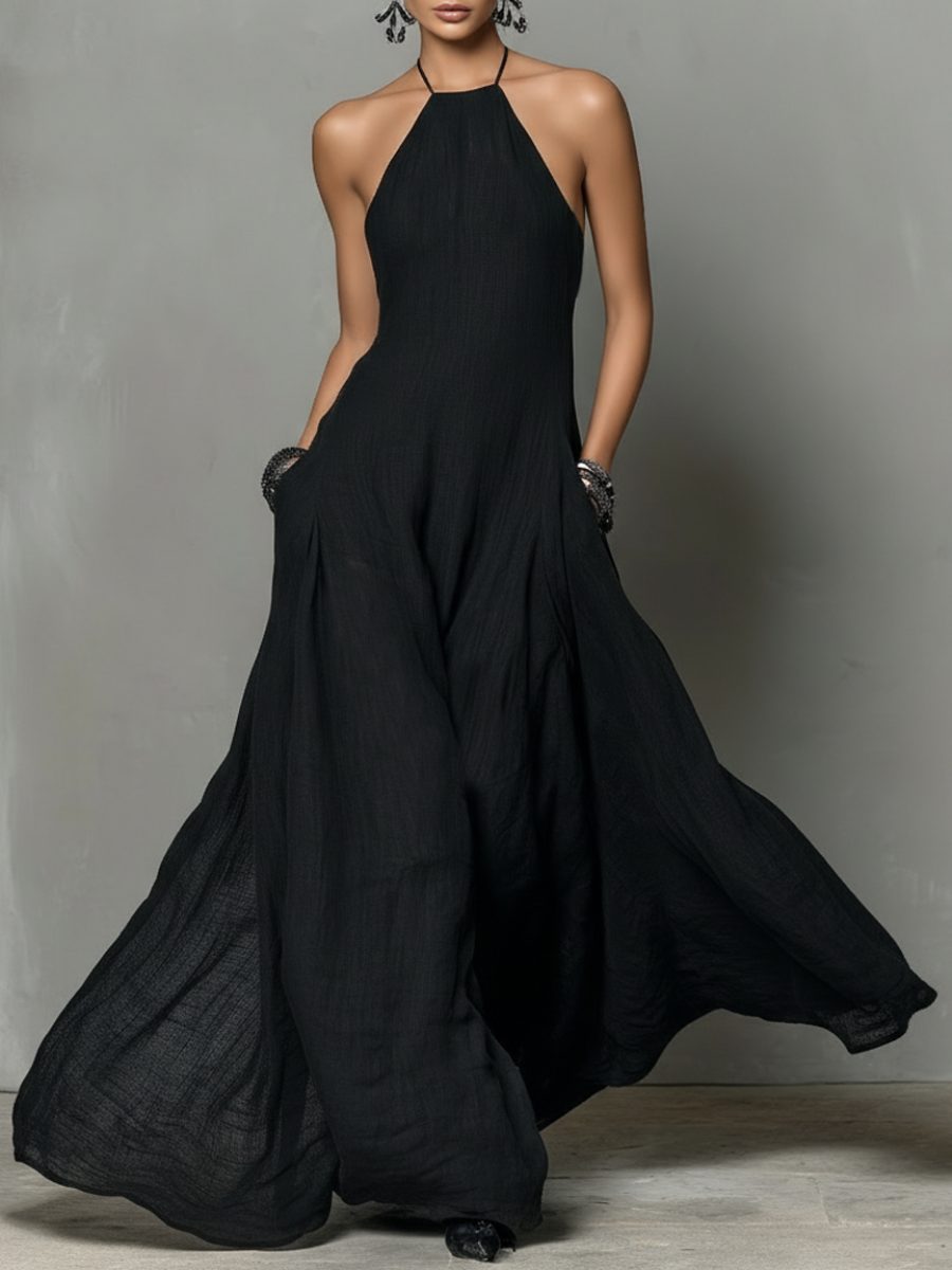 Halter Neck Sleeveless Linen Blend Maxi Dress for Women