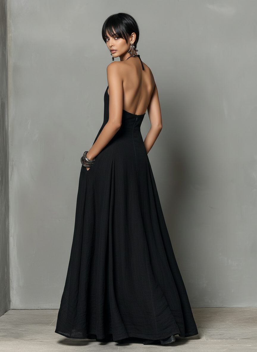 Halter Neck Sleeveless Linen Blend Maxi Dress for Women - View 5