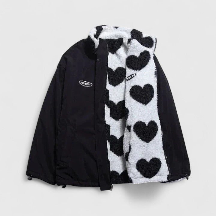 Heart Print Zip-Up Fleece Jacket for Women - Black White