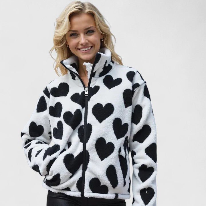 Heart Print Zip-Up Fleece Jacket for Women