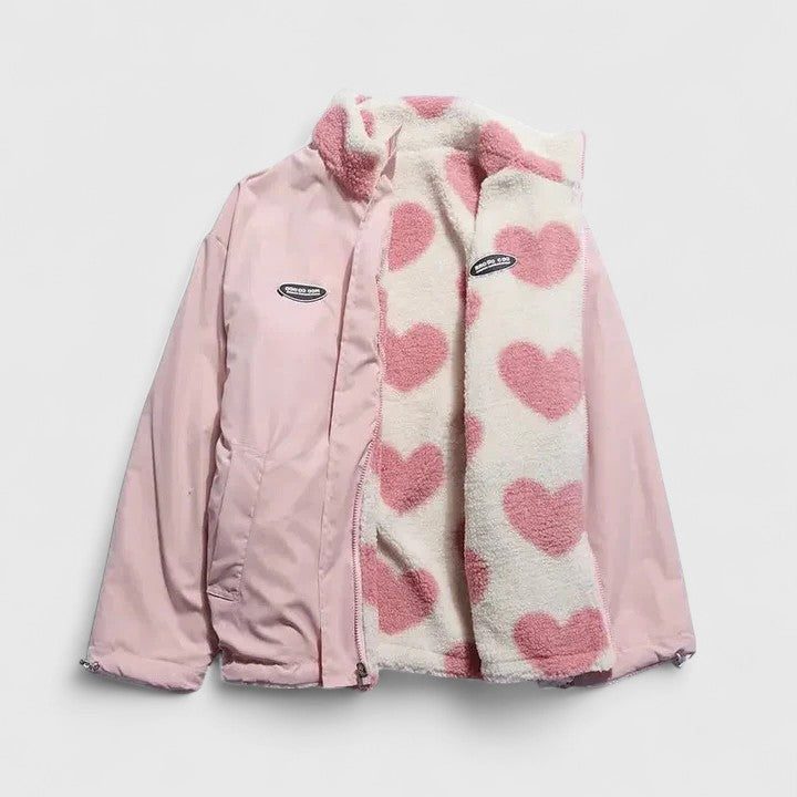 Heart Print Zip-Up Fleece Jacket for Women - Pink White