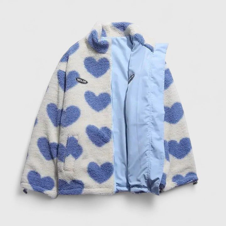 Heart Print Zip-Up Fleece Jacket for Women - Blue White