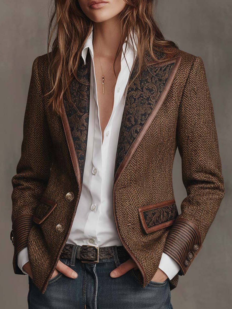 Herringbone Wool Blazer with Lapel Collar for Women