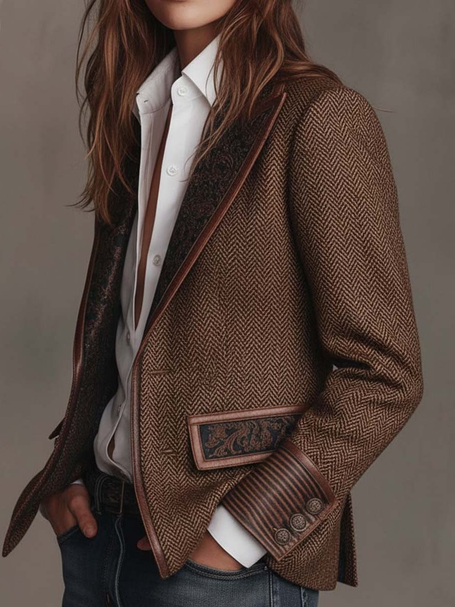 Herringbone Wool Blazer with Lapel Collar for Women - View 10