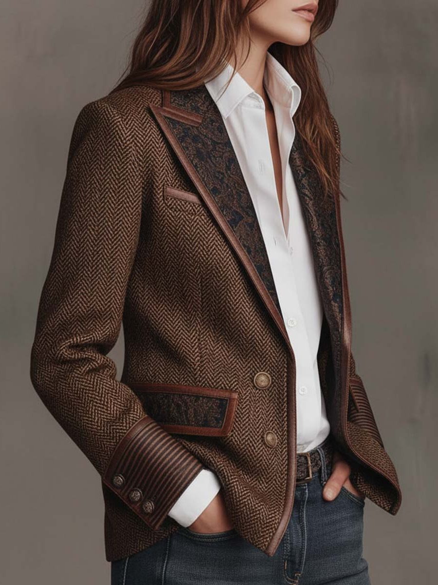 Herringbone Wool Blazer with Lapel Collar for Women - View 11