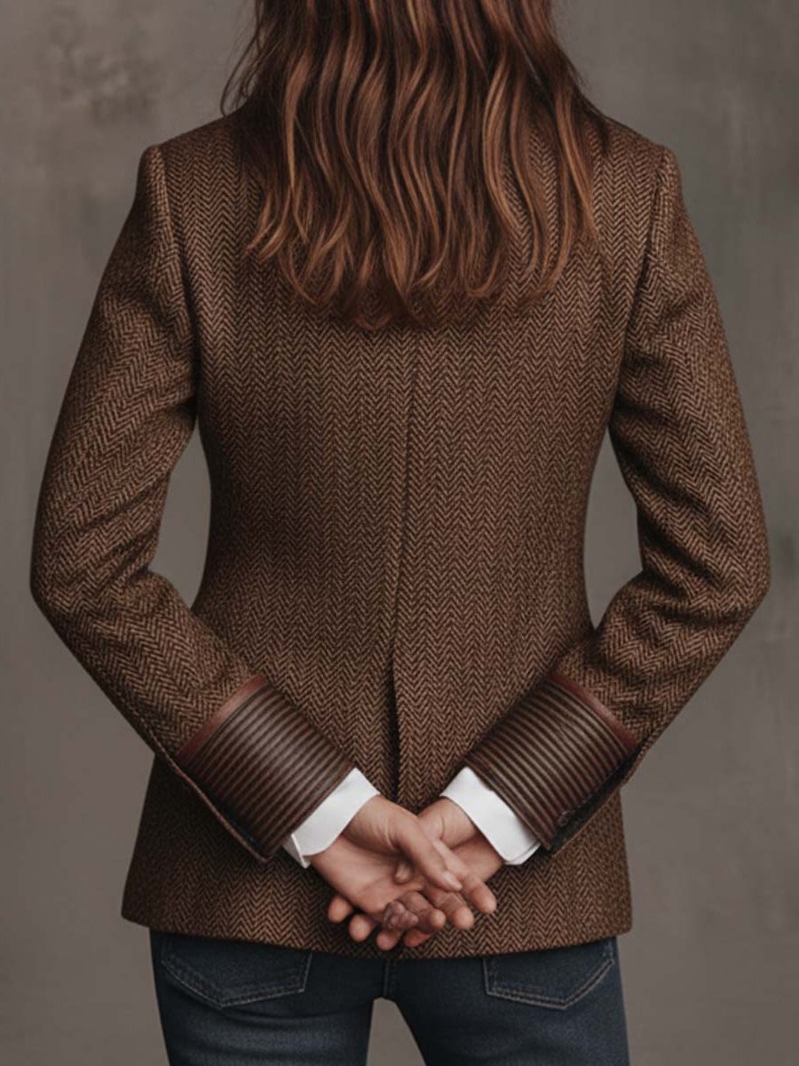 Herringbone Wool Blazer with Lapel Collar for Women - View 12