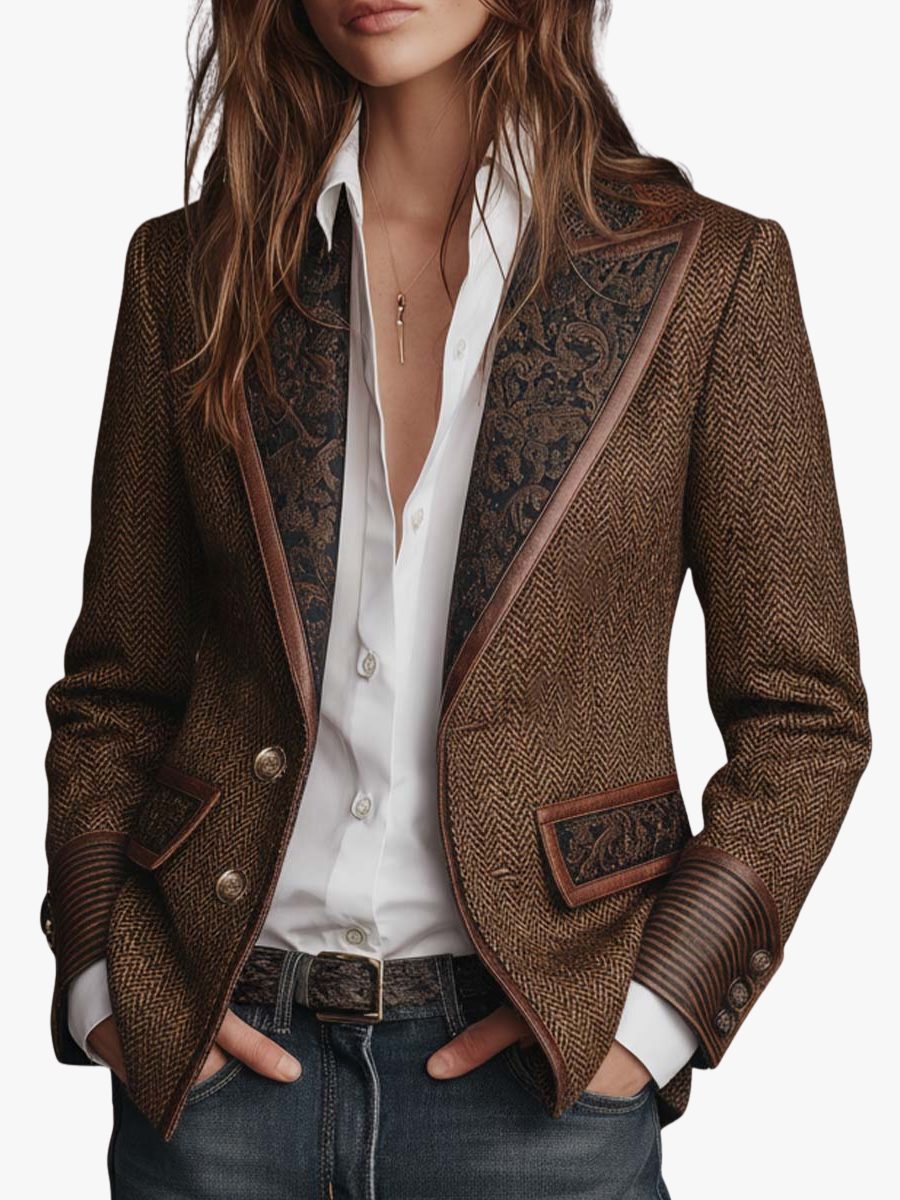 Herringbone Wool Blazer with Lapel Collar for Women