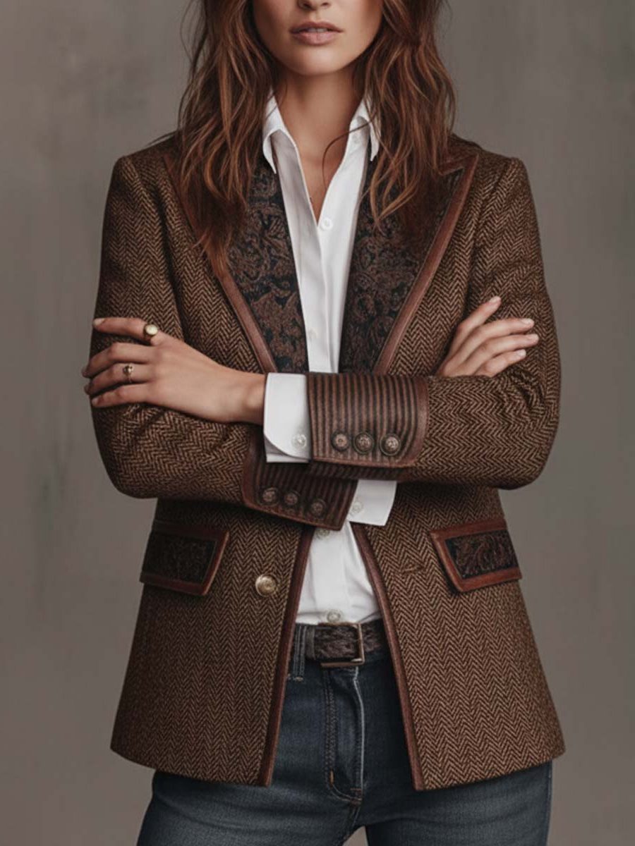 Herringbone Wool Blazer with Lapel Collar for Women - View 3