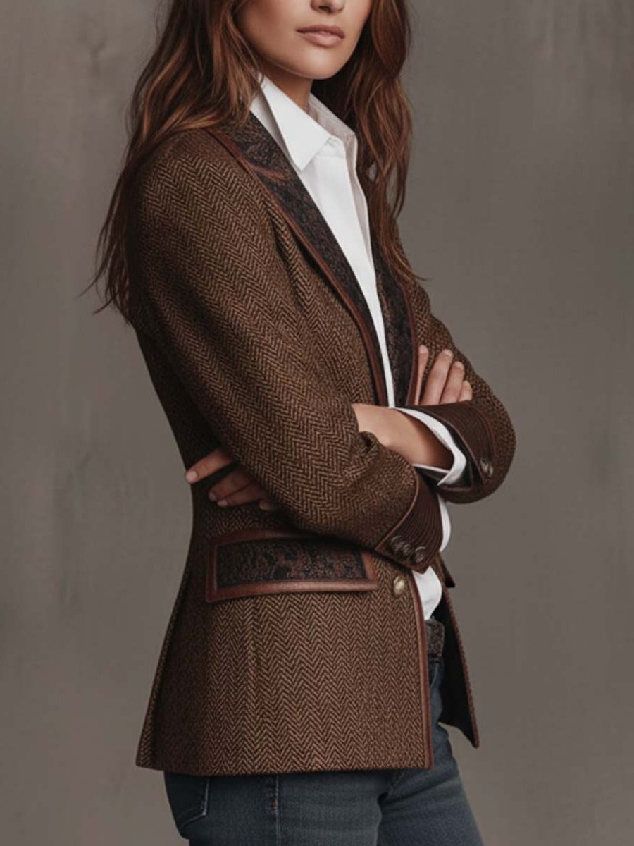 Herringbone Wool Blazer with Lapel Collar for Women - View 4