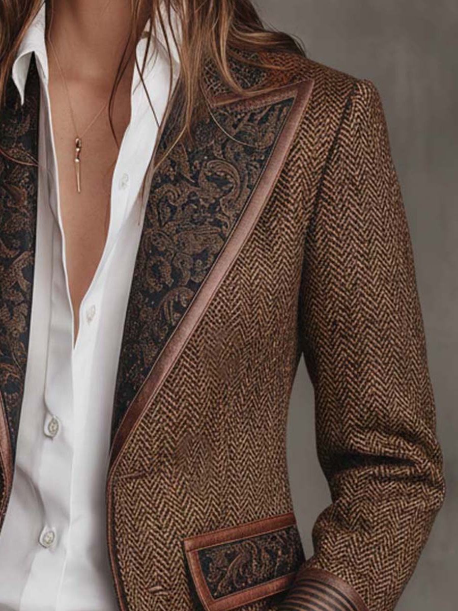 Herringbone Wool Blazer with Lapel Collar for Women - View 6