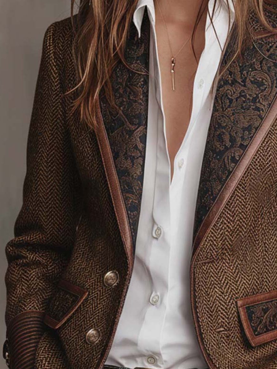 Herringbone Wool Blazer with Lapel Collar for Women - View 8