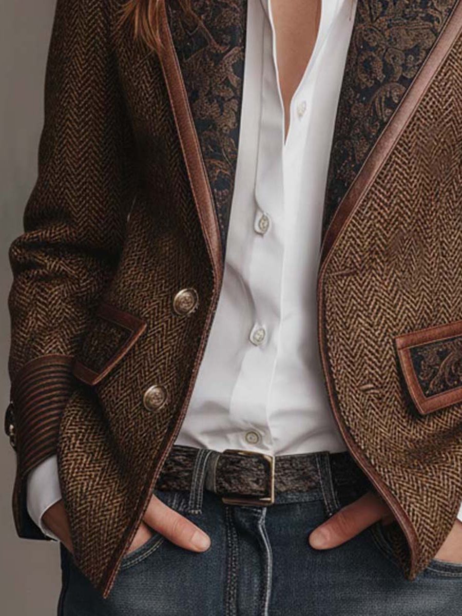 Herringbone Wool Blazer with Lapel Collar for Women - View 9