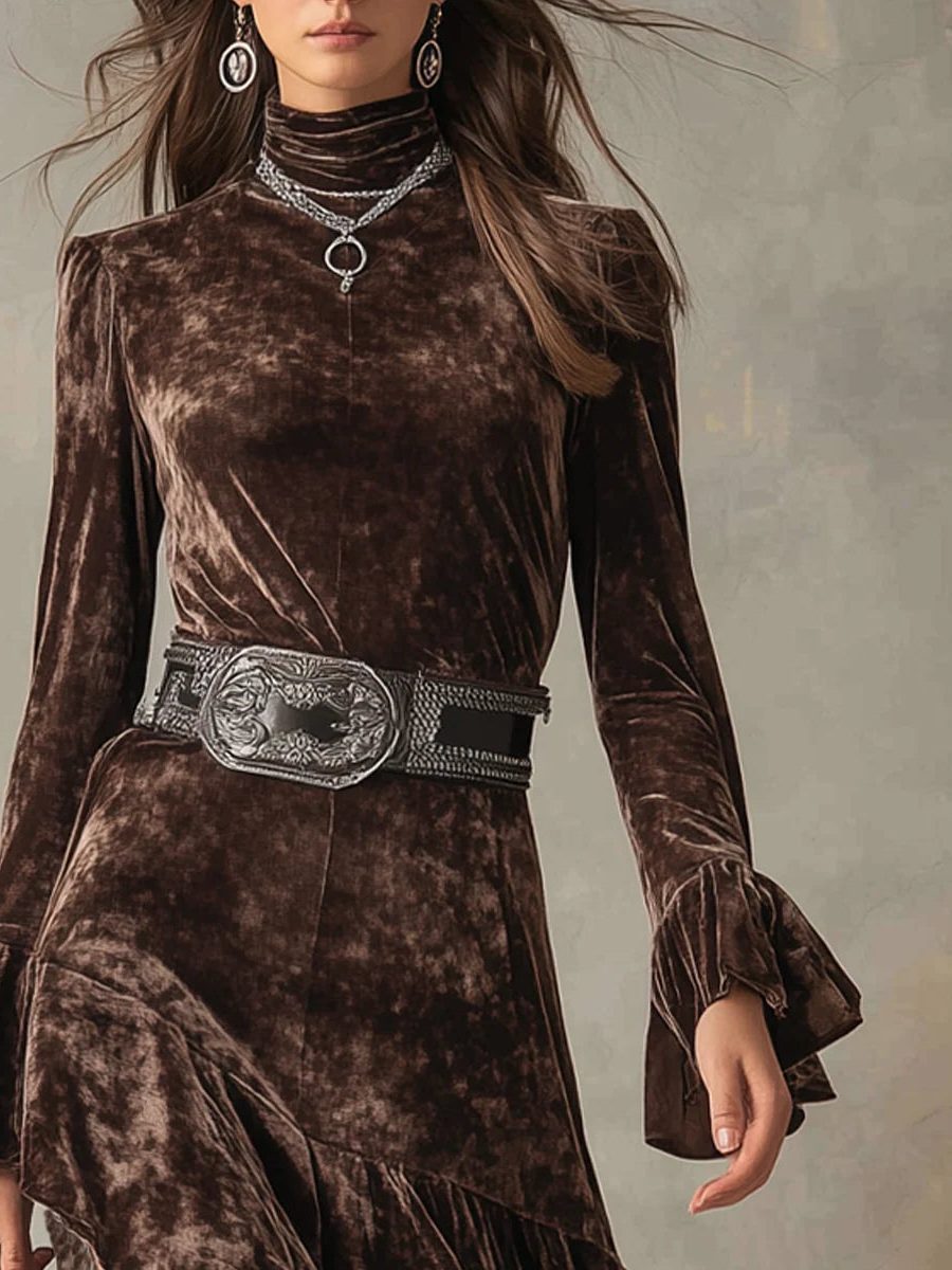 High-Neck Flare Sleeve Velvet Midi Dress for Women - View 2