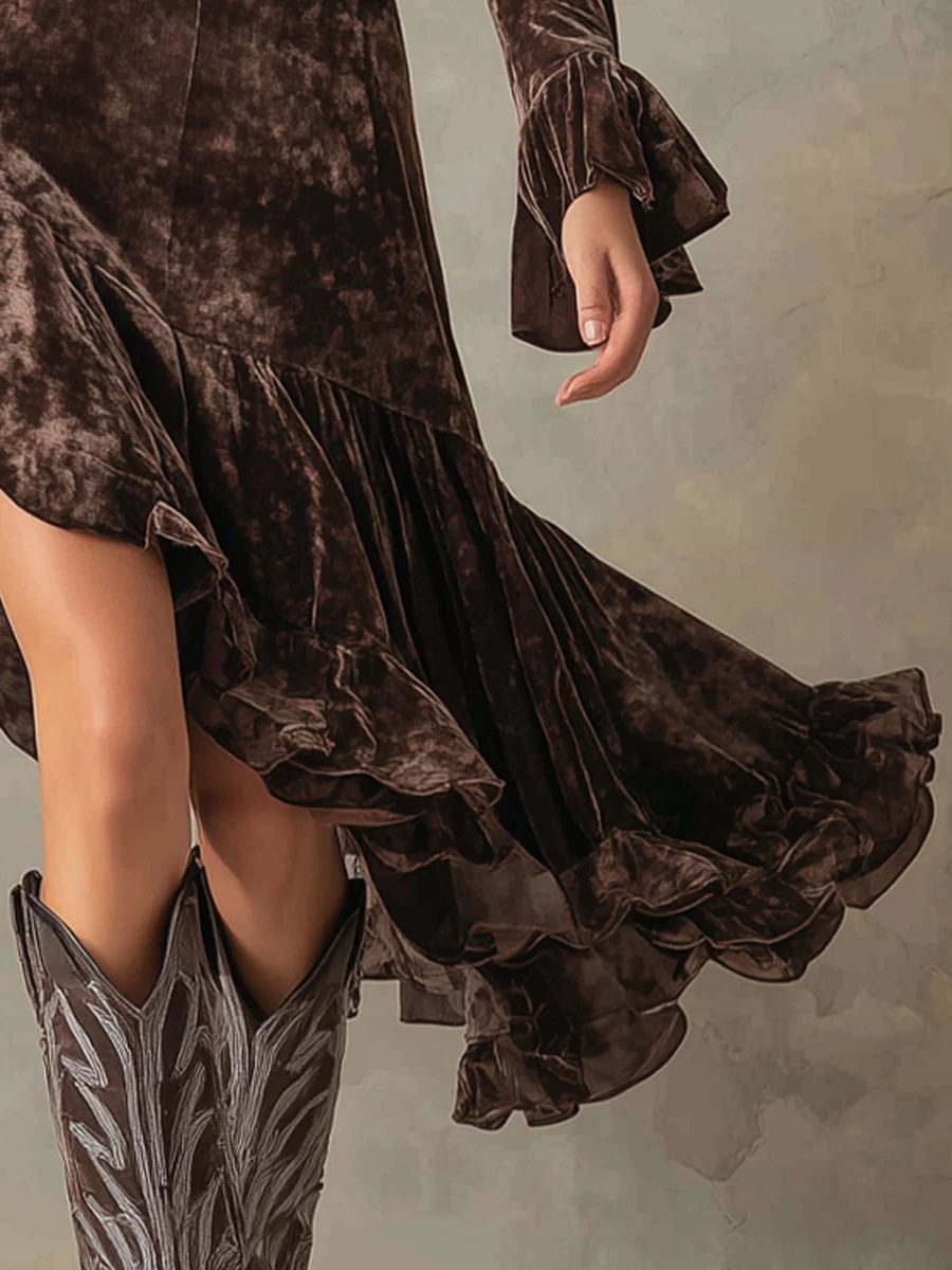 High-Neck Flare Sleeve Velvet Midi Dress for Women - View 4