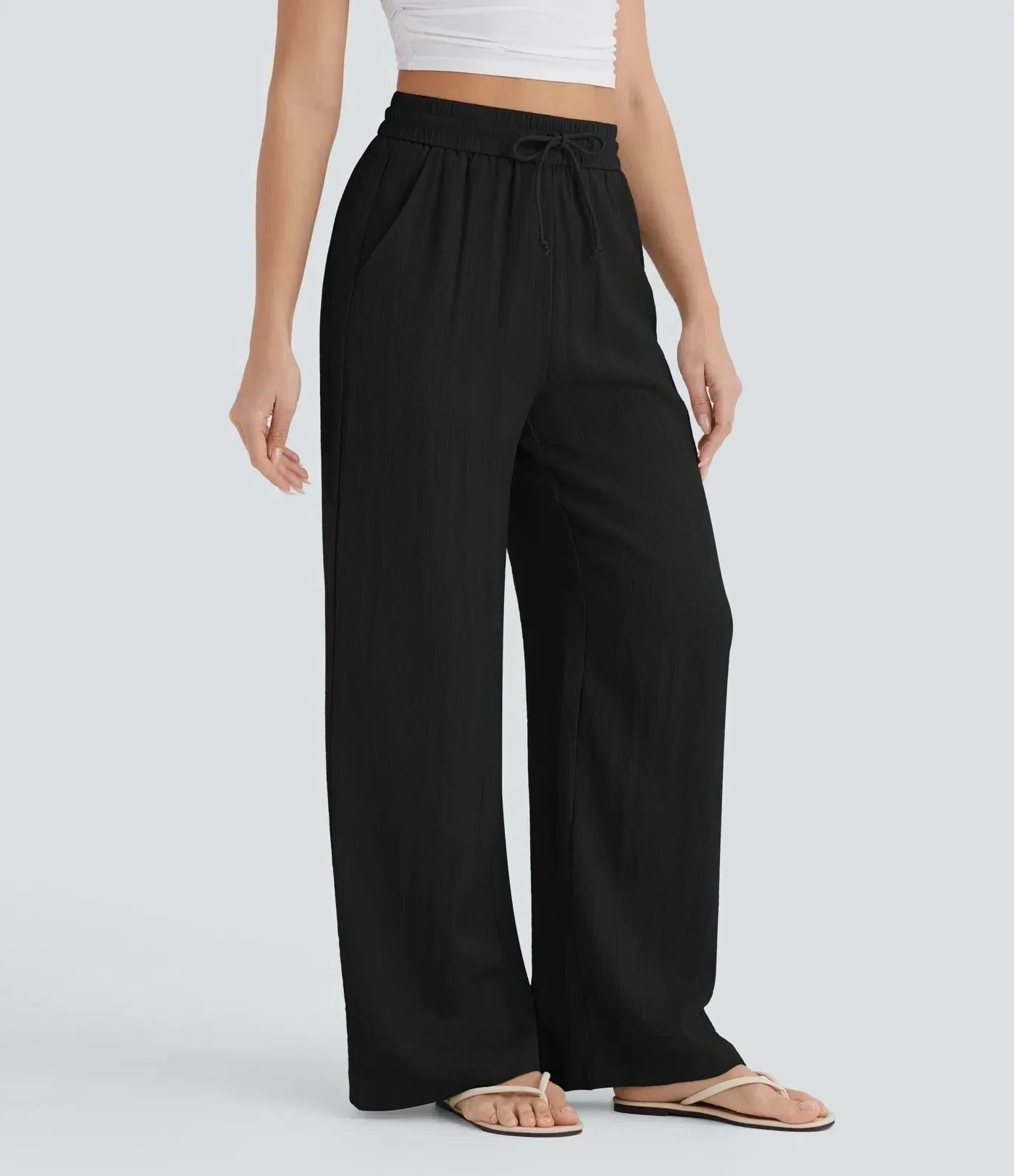 High-Rise Wide Leg Linen Pants for Women - Black
