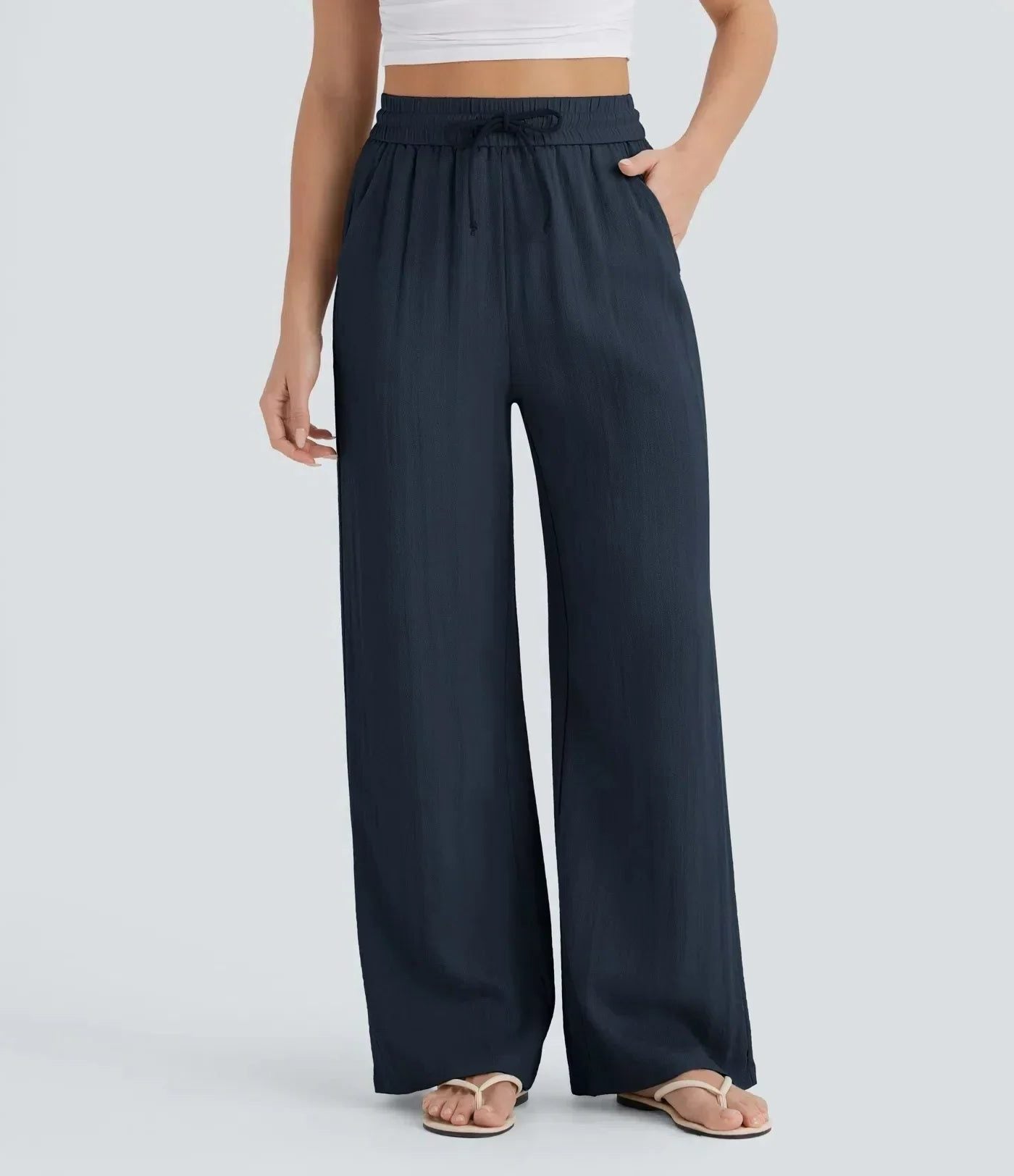 High-Rise Wide Leg Linen Pants for Women - Navy Blue