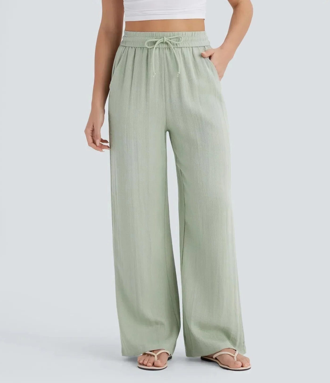 High-Rise Wide Leg Linen Pants for Women - Light Green