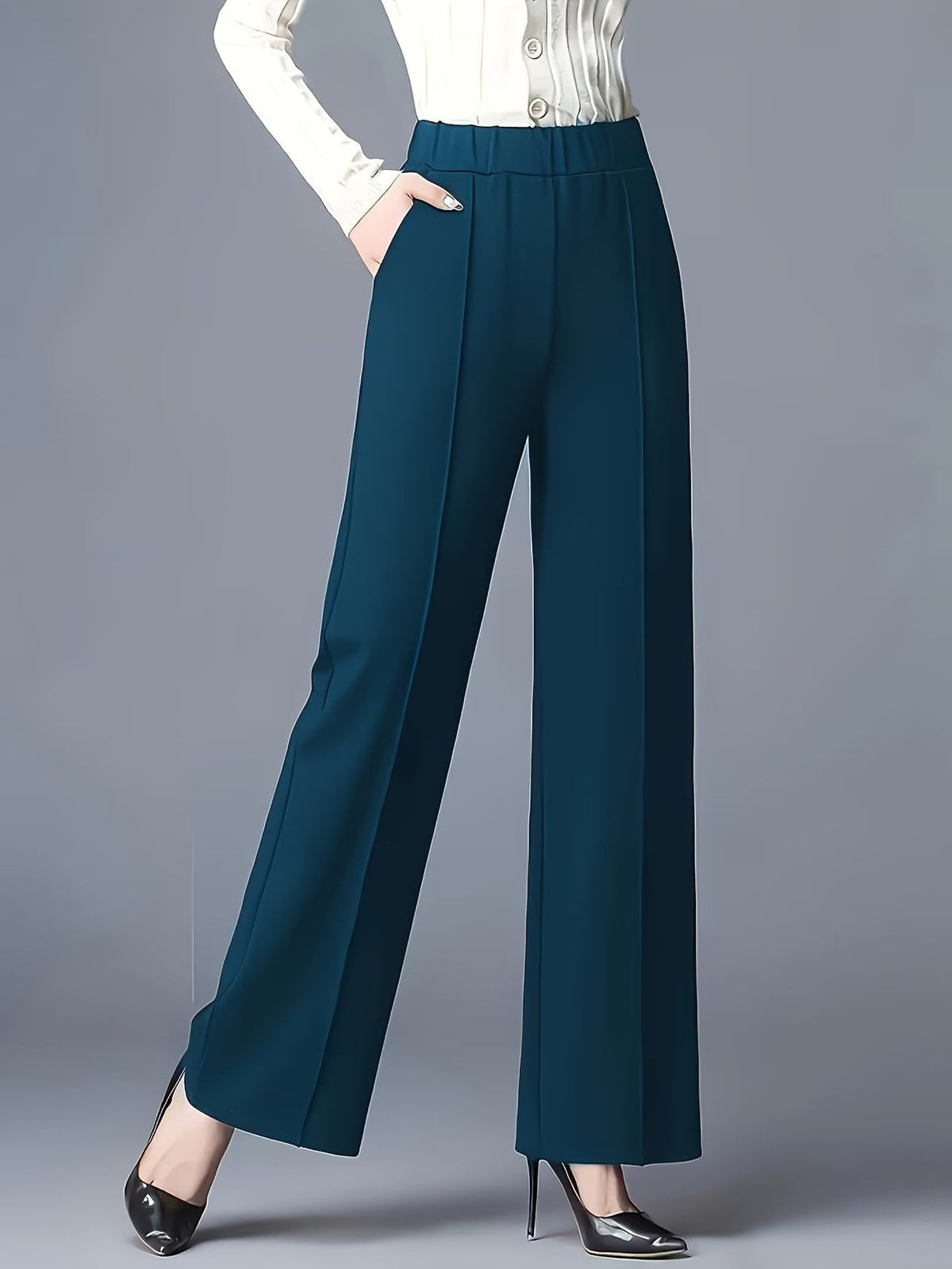 High-Waisted Wide Leg Trousers for Women - Dark Blue