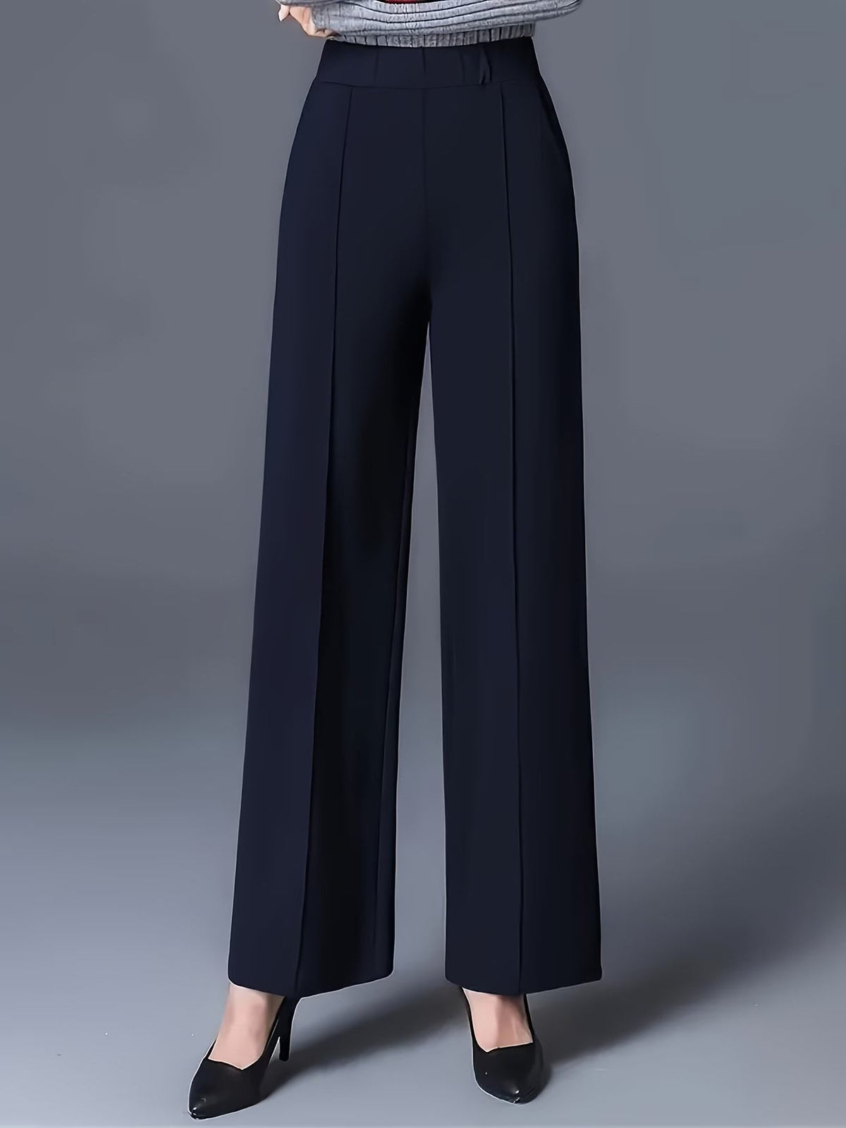 High-Waisted Wide Leg Trousers for Women - Navy Blue