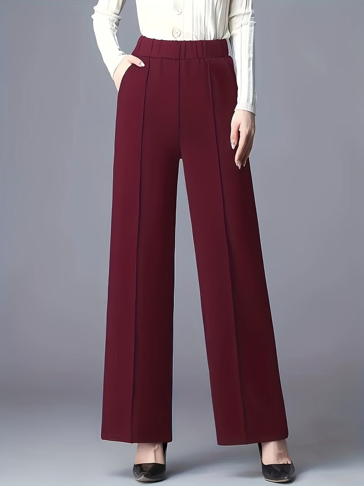 High-Waisted Wide Leg Trousers for Women - Deep Red