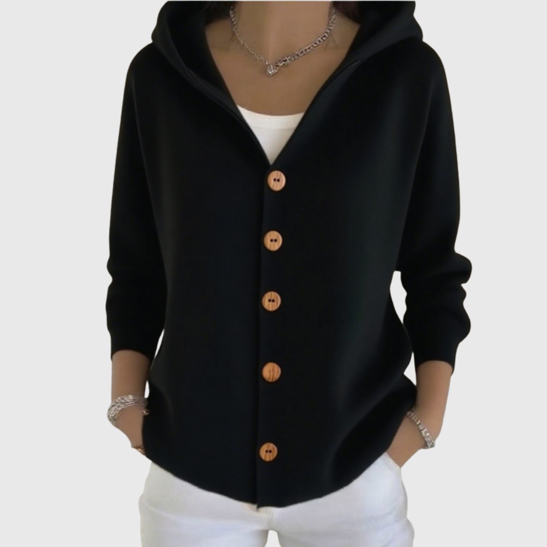 Hooded Button-Down Cardigan with Long Sleeves for Women - Black