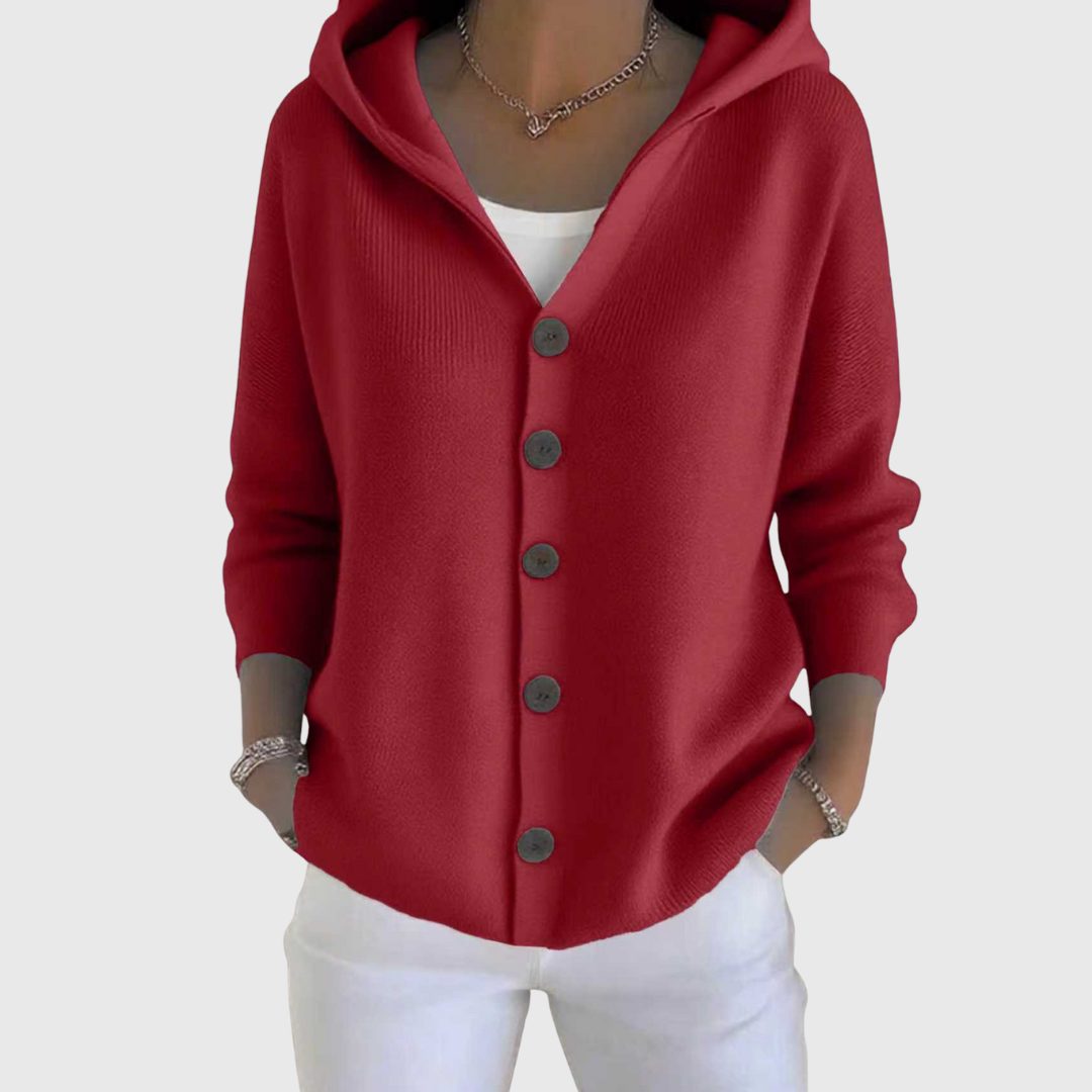 Hooded Button-Down Cardigan with Long Sleeves for Women - Red